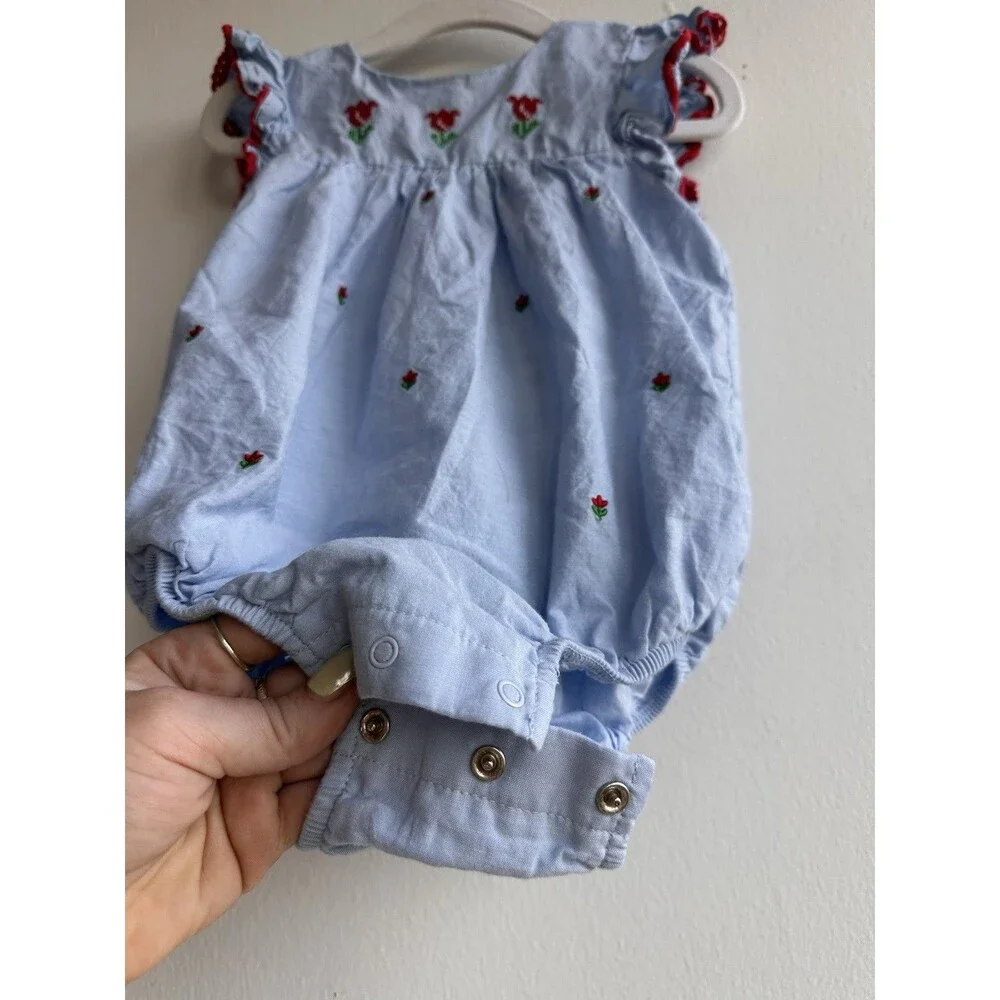 100% Cotton 24M Blue Floral Embroidered Romper Woven Sleeveless Ruffle Button